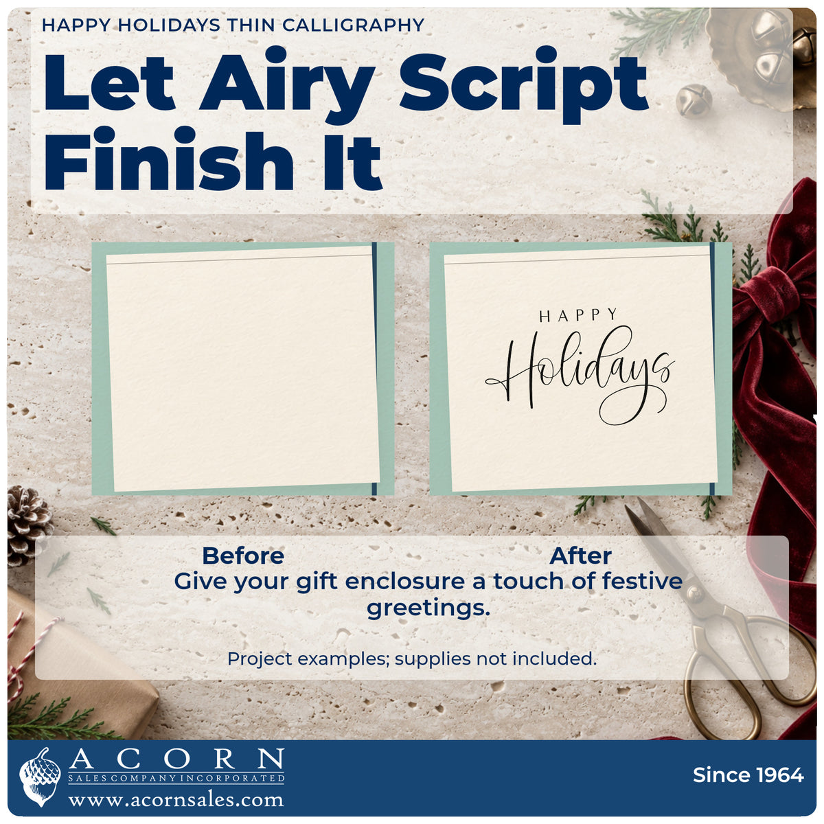 Before and after of a plain item finished with the Happy Holidays Thin Calligraphy Block Lettering Stamp – Slim Pre-Inked, a quick upgrade for liner cloth printing.