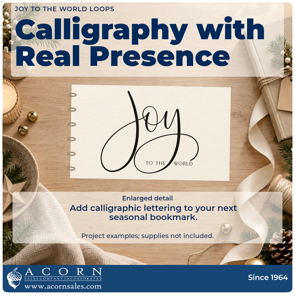 Enlarged detail of the Pre-Inked Joy To The World Loops Calligraphy Stamp – PSI imprint. The word "Joy" appears in large looping calligraphy above small "to the world" lettering.
