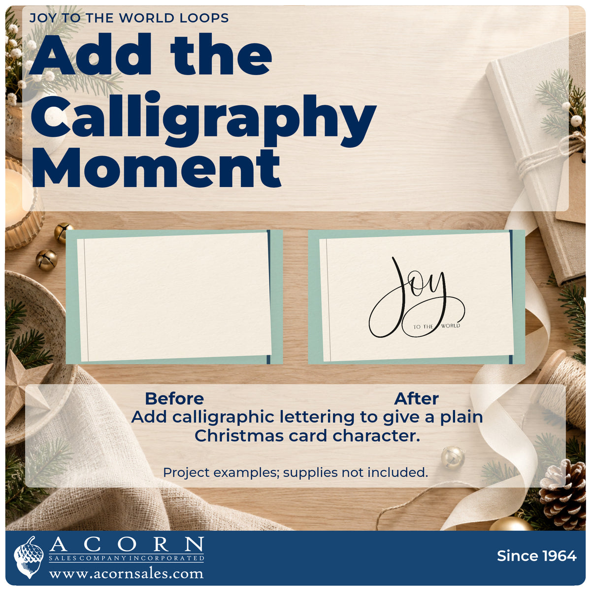 Before and after of a plain item finished with the Joy To The World Loops Calligraphy Pre-Inked Stamp – Slim, a quick upgrade for framed shelf piece.