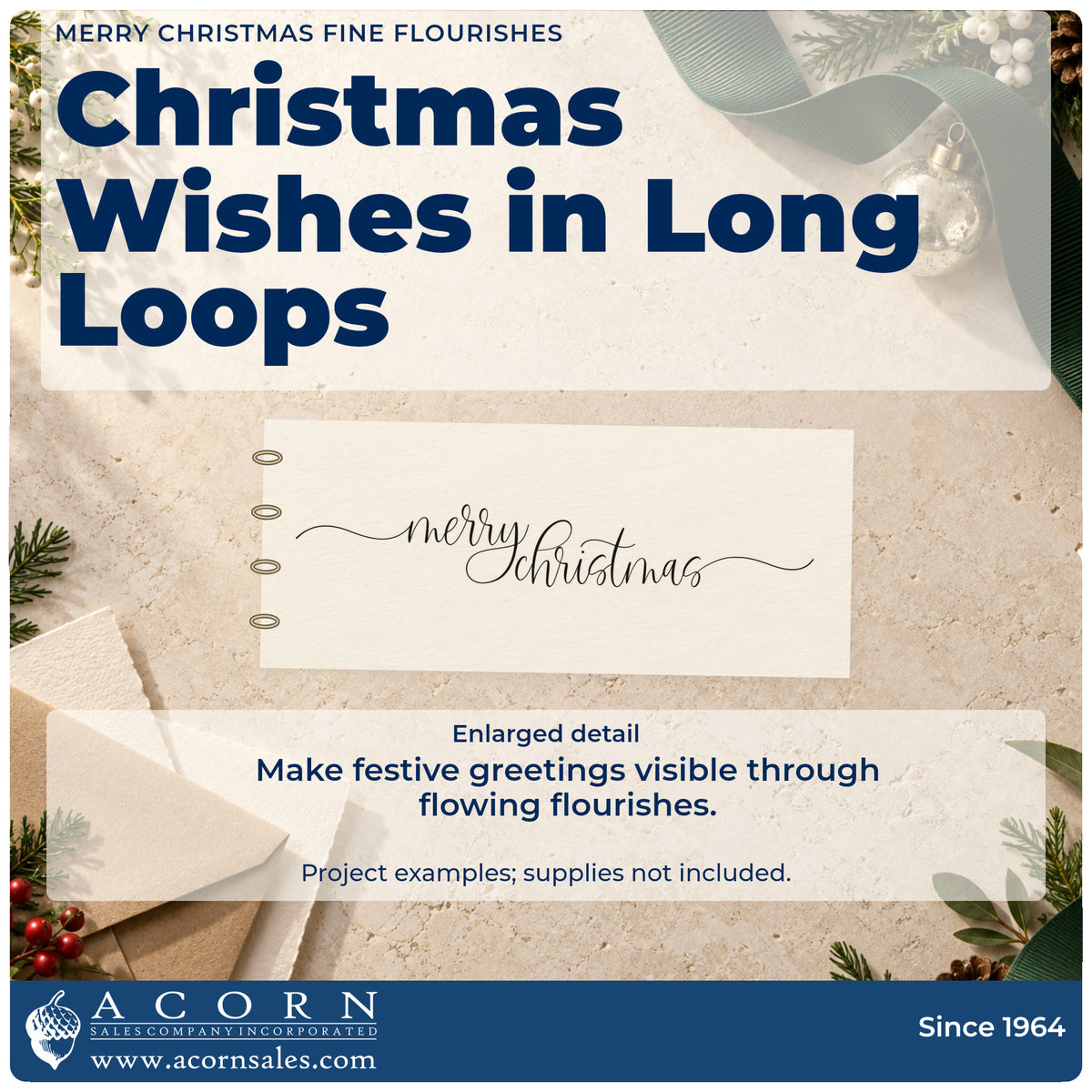 Enlarged detail of the Merry Christmas Fine Flourishes PSI Pre-Inked Stamp imprint. The words "merry Christmas" appear in delicate small script with long horizontal flourishes.