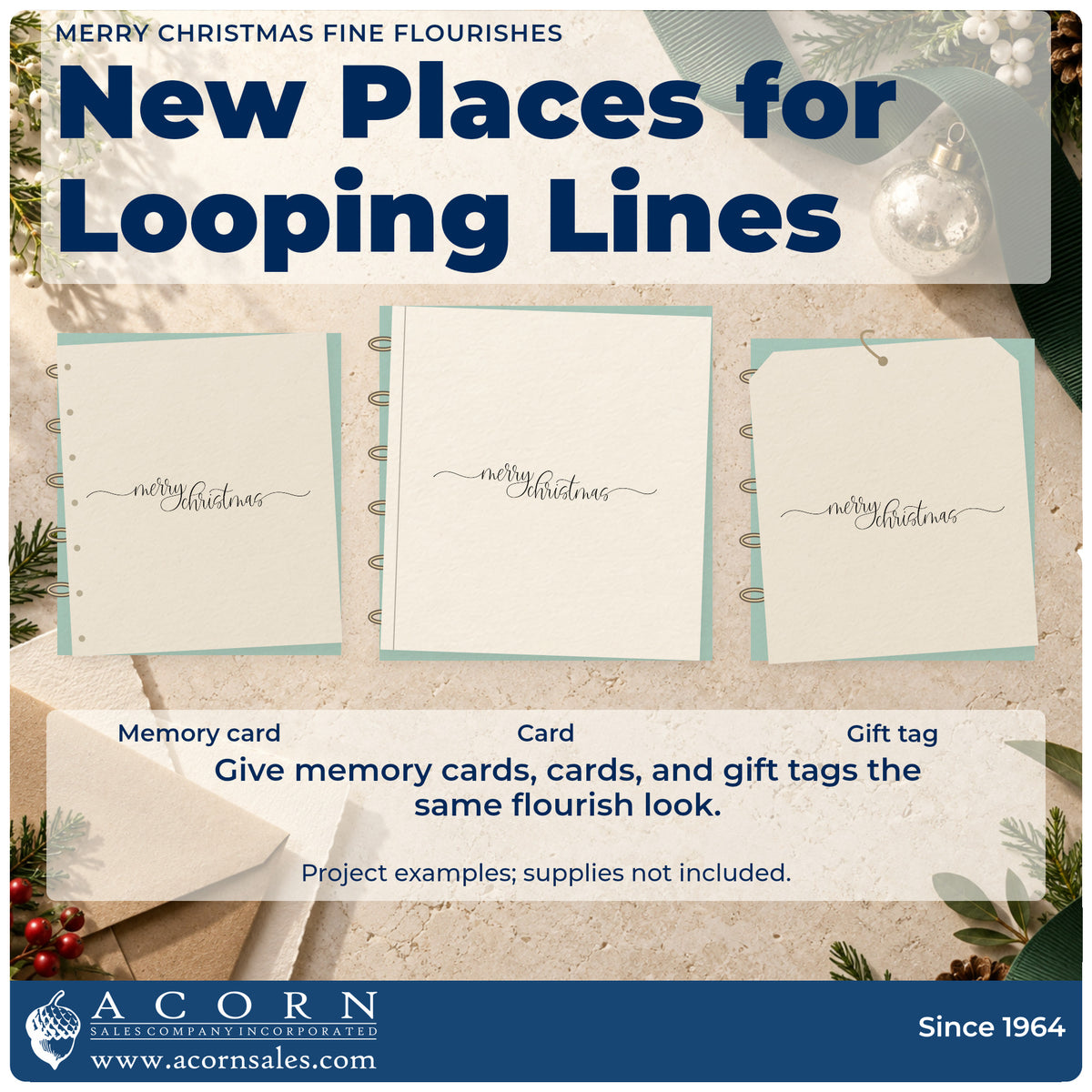Three project examples made with the Merry Christmas Fine Flourishes PSI Pre-Inked Stamp, including long slip gift tags.