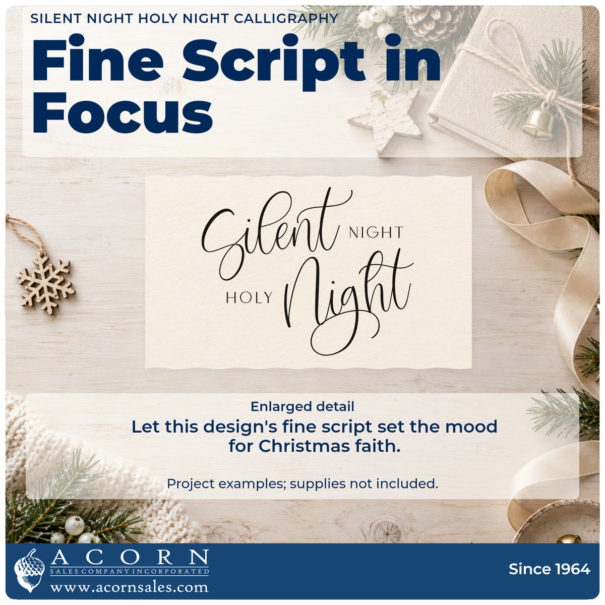 Enlarged detail of the Silent Night Holy Night Calligraphy Wood Handle Stamp imprint. The phrase "Silent night holy night" alternates fine looping calligraphy with small capitals.