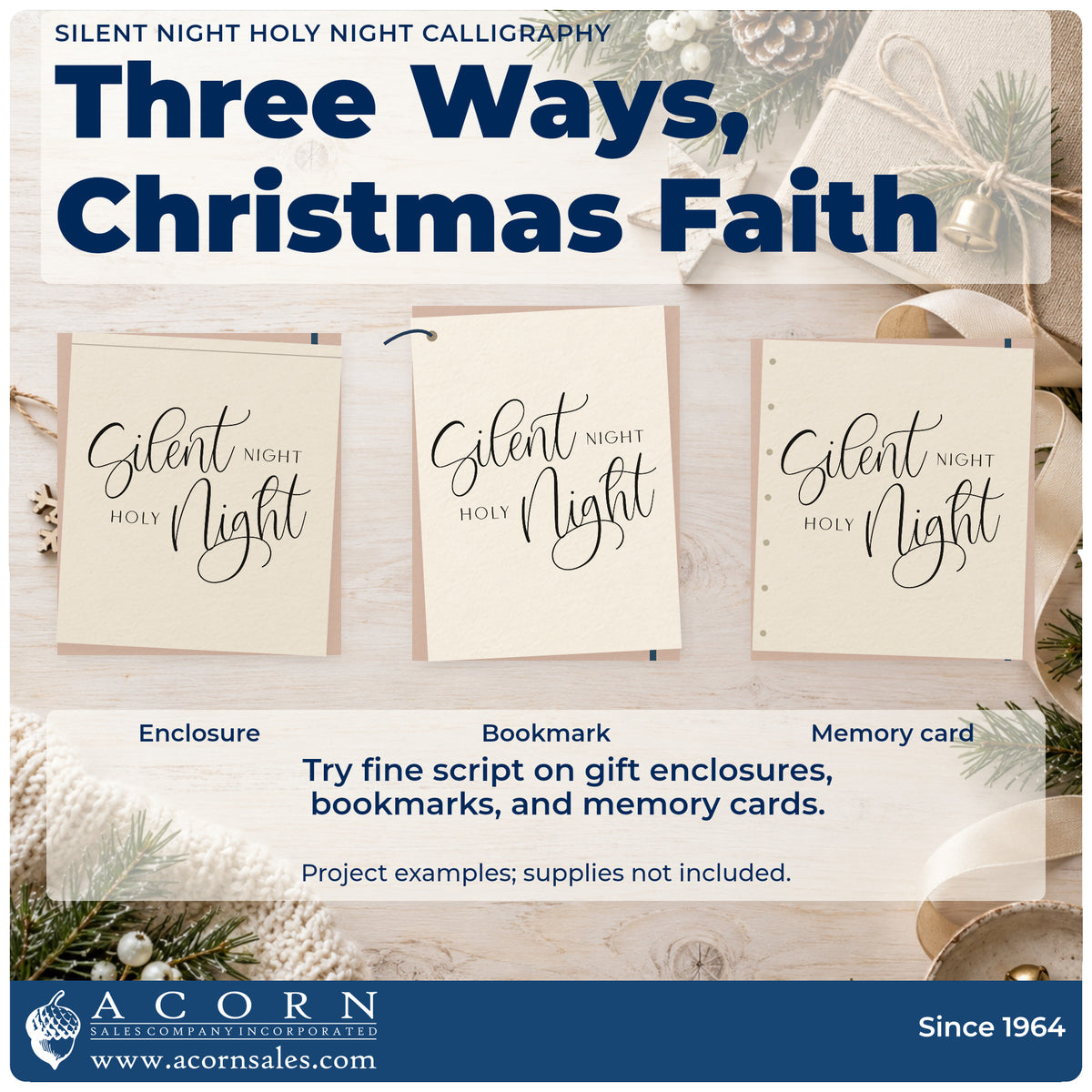 Three project examples made with the Slim Pre-Inked Silent Night Holy Night Calligraphy Stamp, including call response sheet.