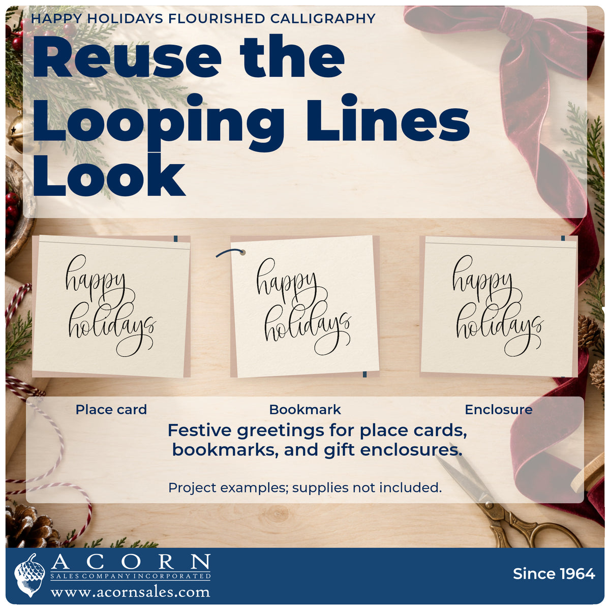 Three project examples made with the Happy Holidays Flourished Calligraphy Script Lettering Self-Inking Stamp, including two row note sheet.