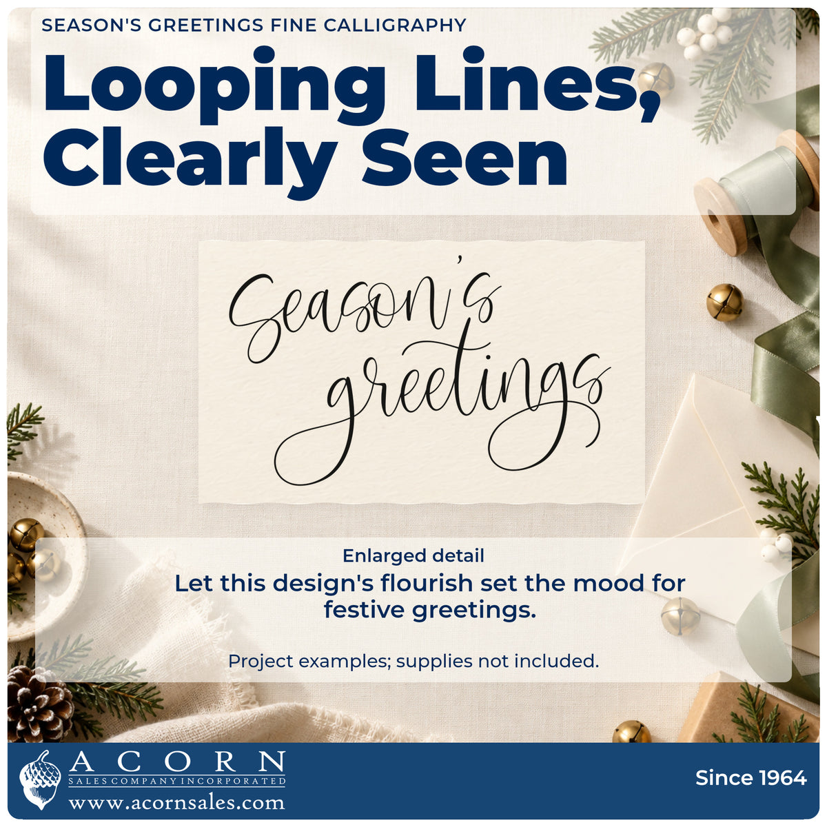 Enlarged detail of the Self-Inking Season's Greetings Fine Calligraphy Stamp imprint. The words "Season's greetings" appear in delicate calligraphy with long curling strokes.