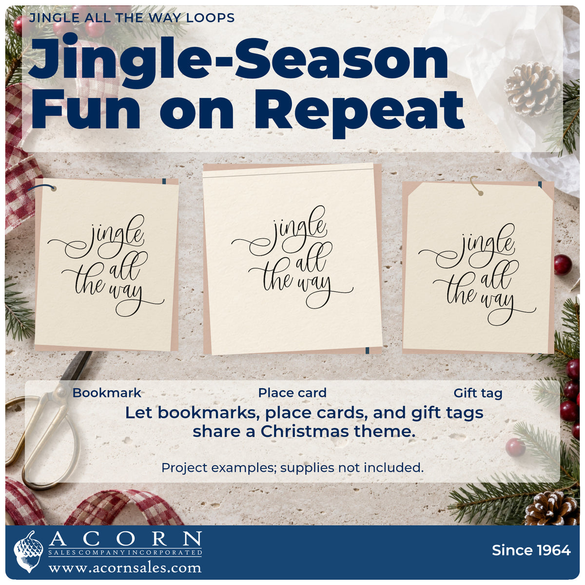 Three project examples made with the Jingle All The Way Loops Calligraphy Rubber Stamp – Duo Hand, including column note sheet.