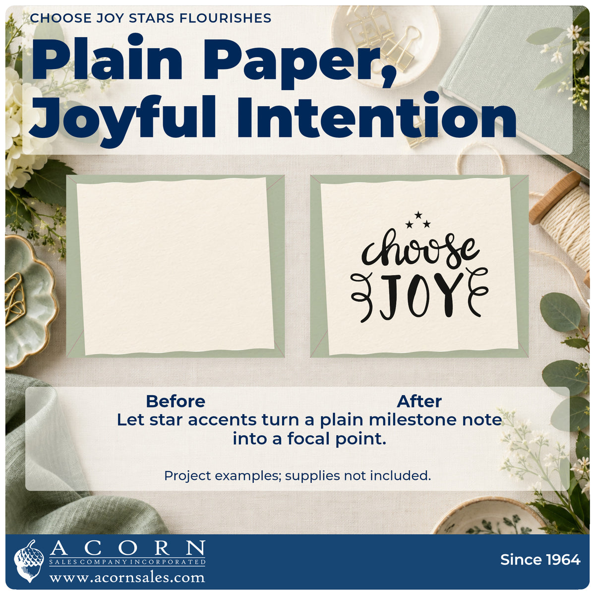 Before and after of a plain item finished with the Choose Joy Star Accents Self-Inking Stamp, a quick upgrade for framed writing nook.
