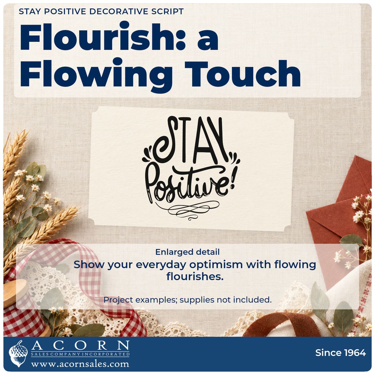 Enlarged detail of the Stay Positive Decorative Script Rubber Stamp – Wood Handle imprint. The words "Stay positive!" appear with decorative strokes and looping flourishes below.