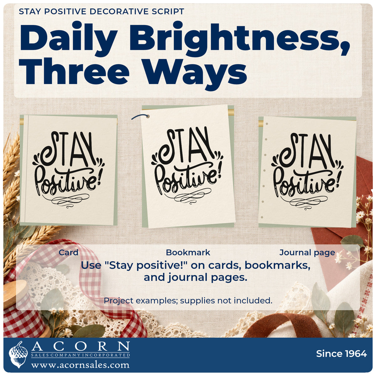 Three project examples made with the Stay Positive Decorative Script Stamp – Duo Hand, including practice plan sheet.