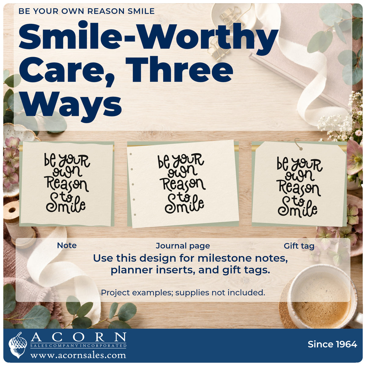 Three project examples made with the Be Your Own Reason Smile Pre-Inked Stamp – Slim, including evening wind sheet.