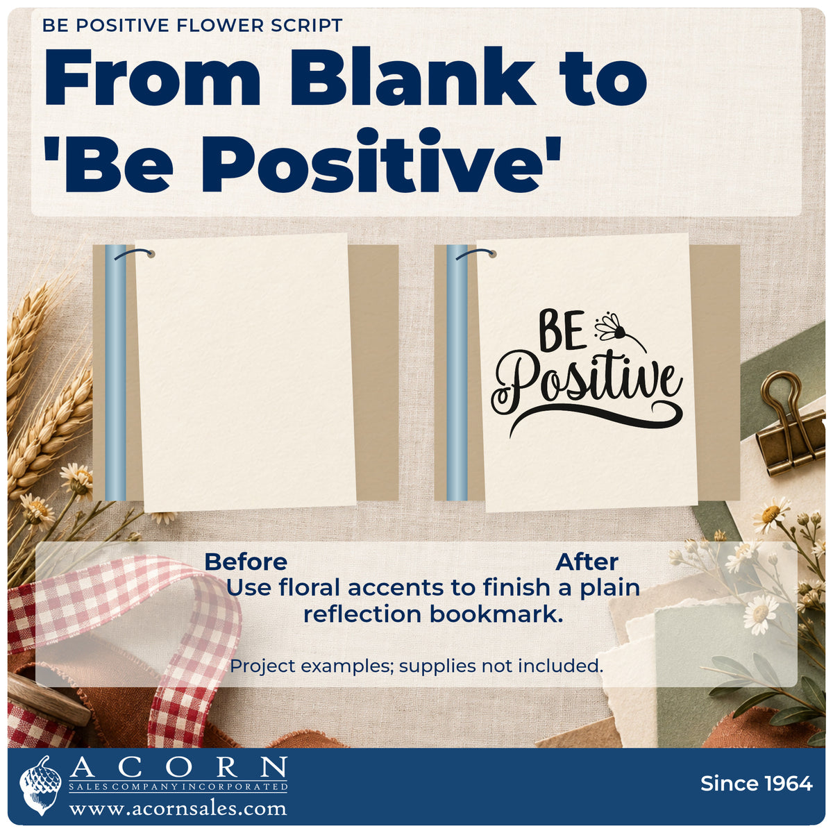 Before and after of a plain item finished with the Be Positive Flower Script Stamp – PSI Pre-Inked, a quick upgrade for framed shop window.