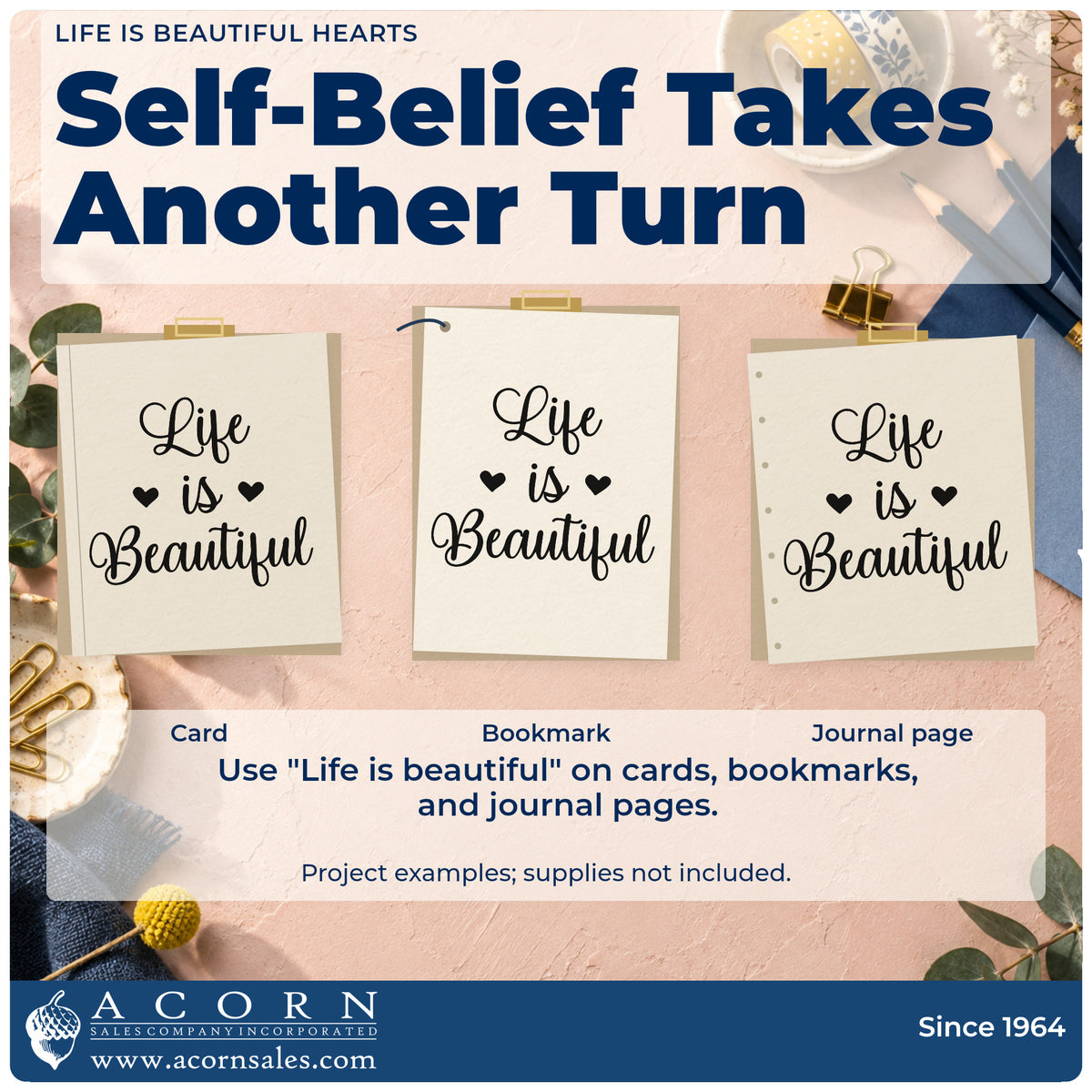 Three project examples made with the Life Is Beautiful Hand Stamp – Duo, including session plan sheet.