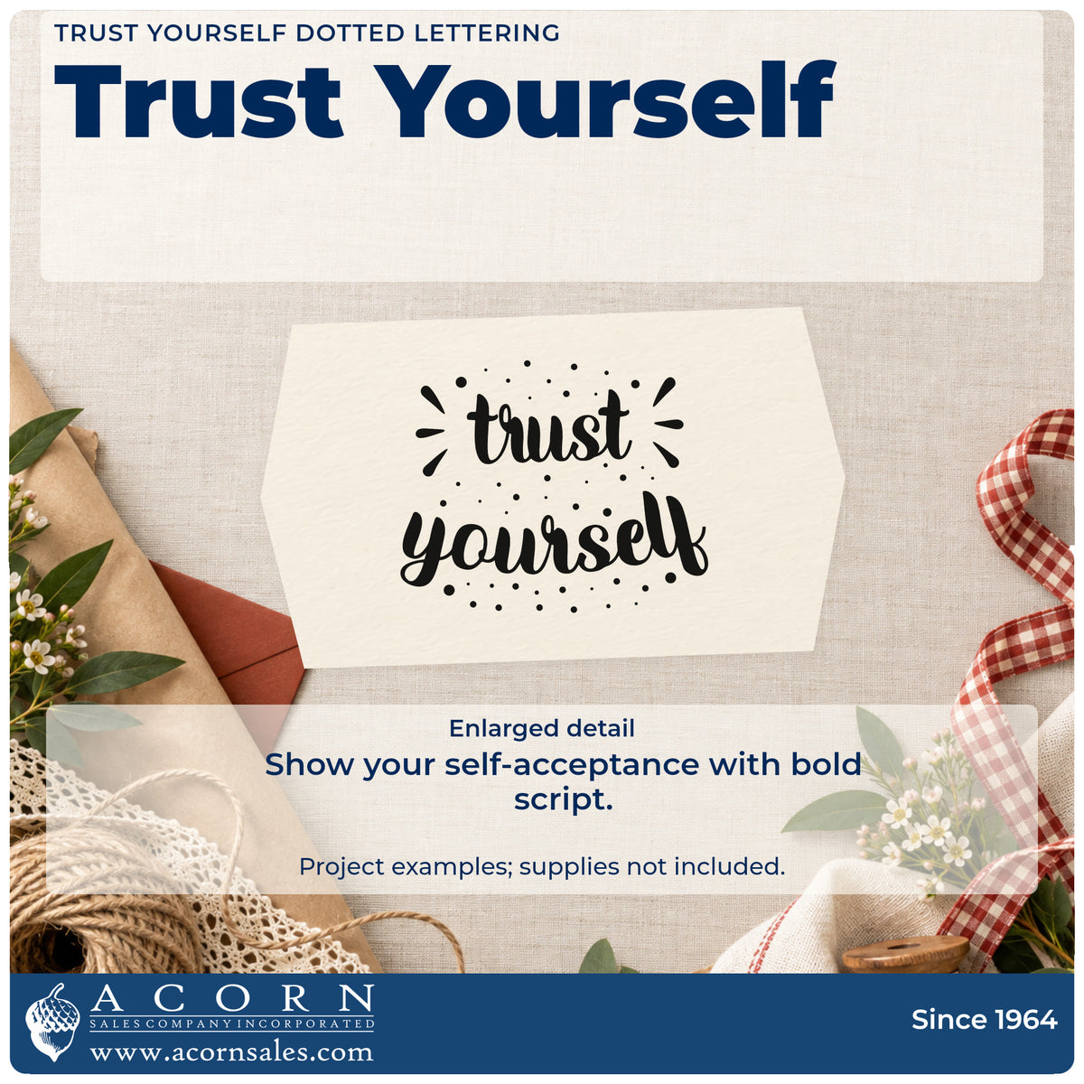 Enlarged detail of the Trust Yourself Dotted Lettering Pre-Inked Stamp – PSI imprint. The words "trust yourself" appear in bold script amid dots and decorative rays.