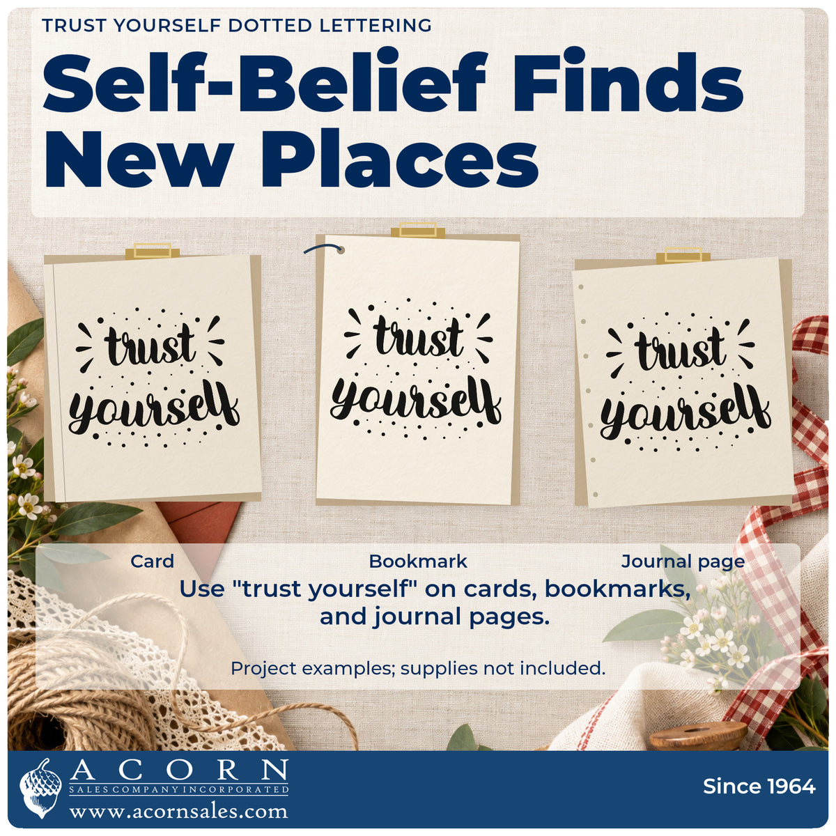 Three project examples made with the Trust Yourself Dotted Lettering Slim Pre-Inked Stamp, including repertoire list sheet.