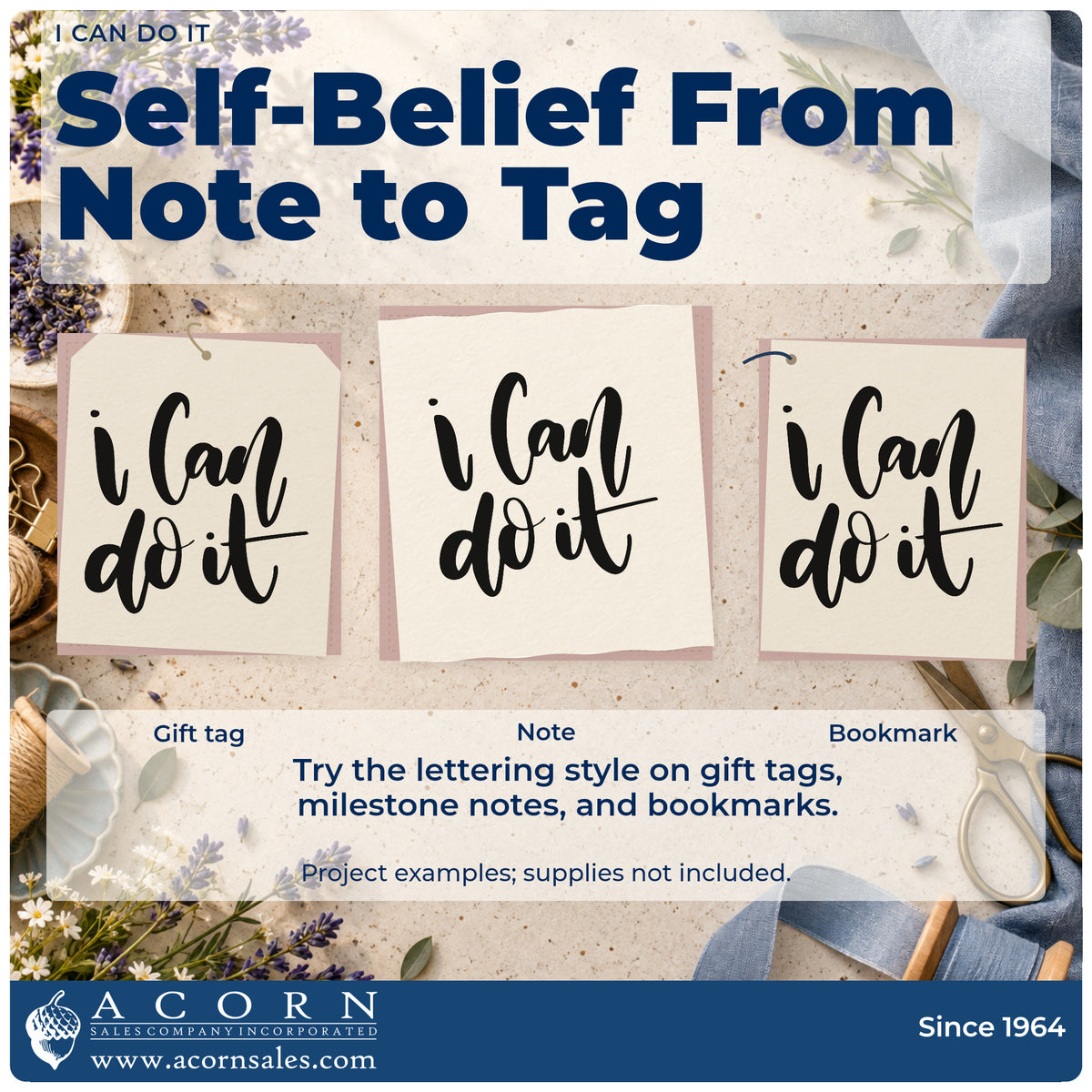 Three project examples made with the I Can Do It Brush Lettering Hand Stamp – Duo, including skill practice sheet.