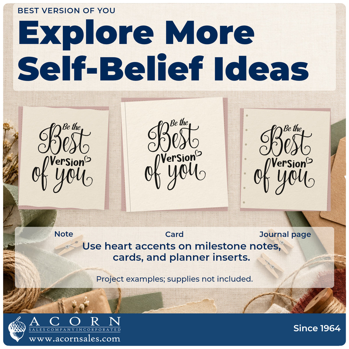 Three project examples made with the Self-Inking Be The Best Version Of You Stamp, including quarter aim sheet.