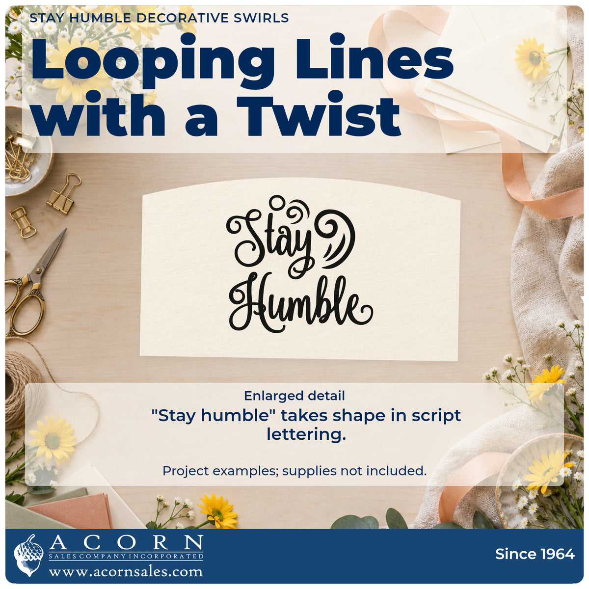 Enlarged detail of the Stay Humble Decorative Swirls Script Lettering Rubber Stamp – Duo Hand imprint. The words "Stay humble" appear in thick decorative script with curled flourishes.