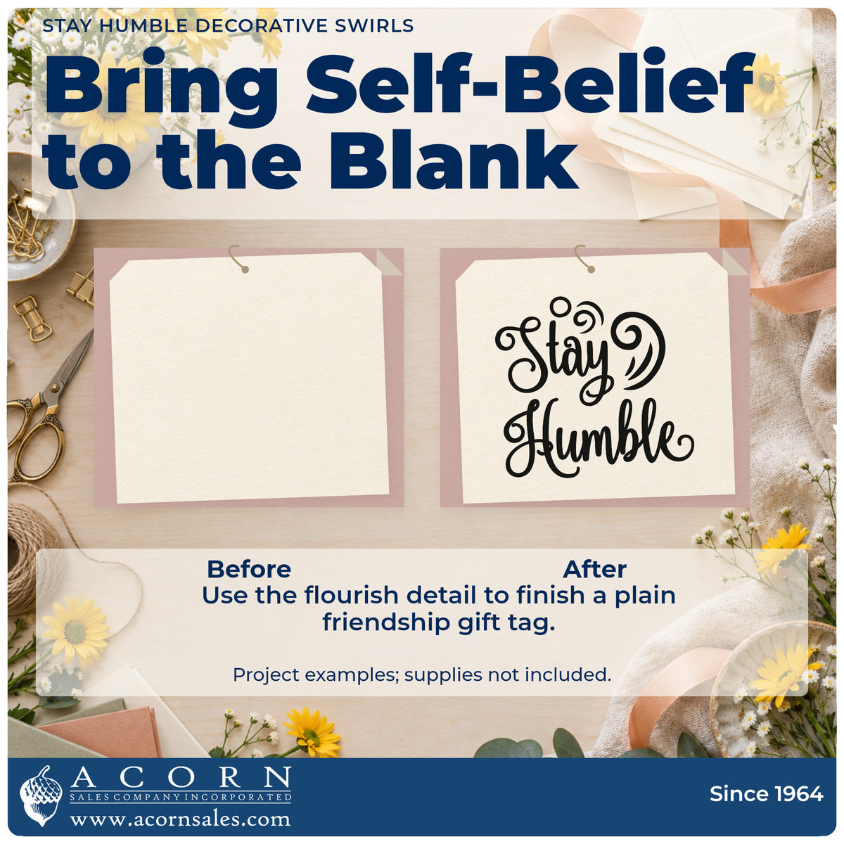 Before and after of a plain item finished with the Stay Humble Decorative Swirls Script Lettering Pre-Inked Stamp – Slim, a quick upgrade for framed workshop beam.