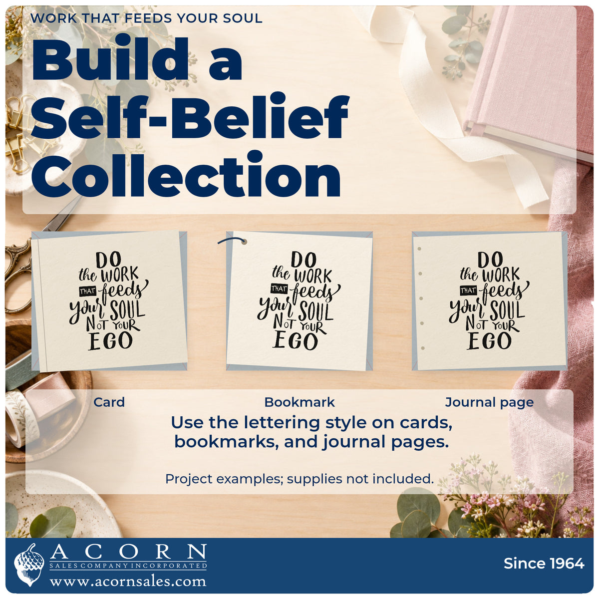 Three project examples made with the Work That Feeds Your Soul Craft Stamp – Self-Inking, including studio time sheet.
