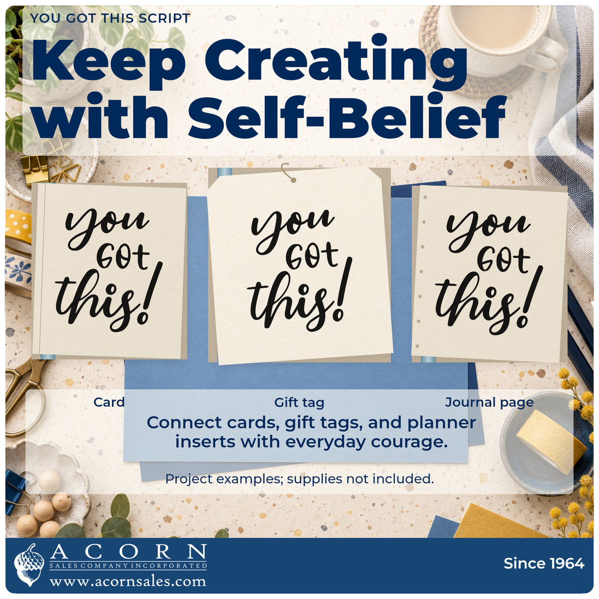 Three project examples made with the You Got This! Stamp – Self-Inking, including review block sheet.