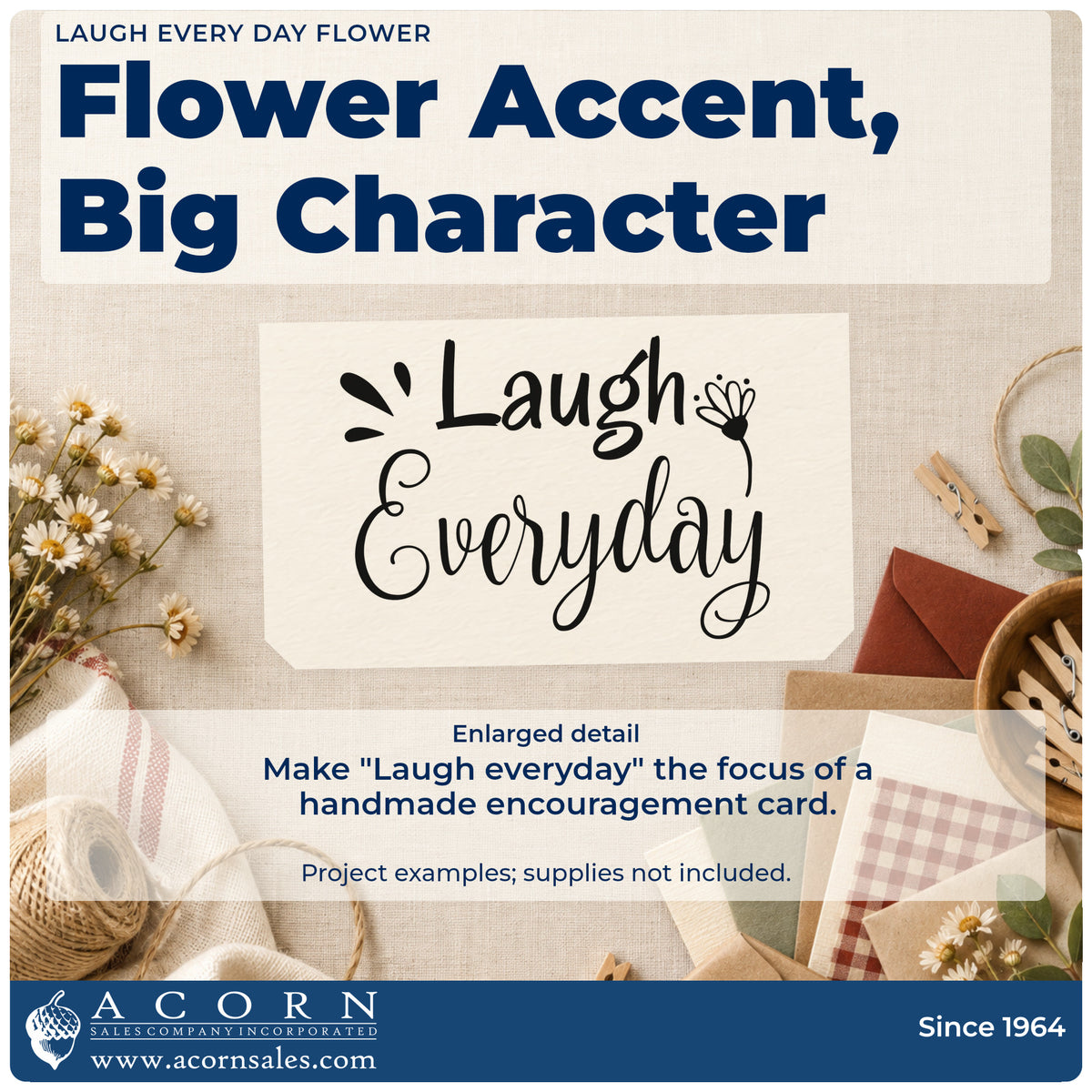 Enlarged detail of the Laugh Every Day Flower Pre-Inked Stamp – PSI imprint. The words "Laugh everyday" appear with emphasis marks and a small flower.