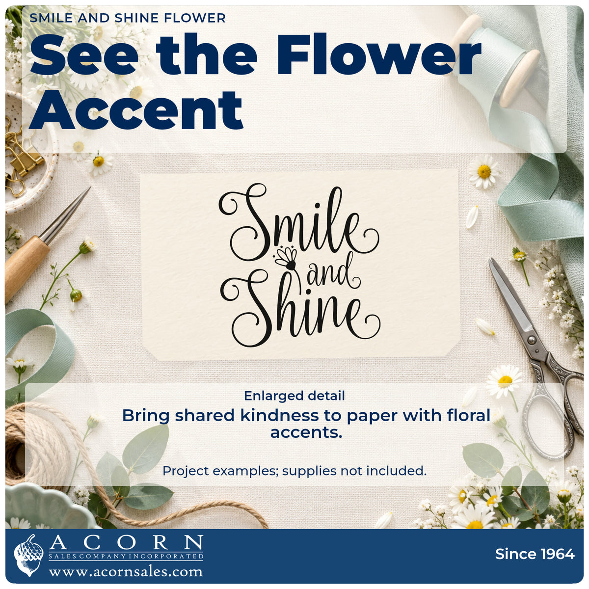 Enlarged detail of the Smile And Shine Flower Script Lettering Wood-Mounted Rubber Stamp imprint. The words "Smile and shine" appear in ornate looping script with a small flower.