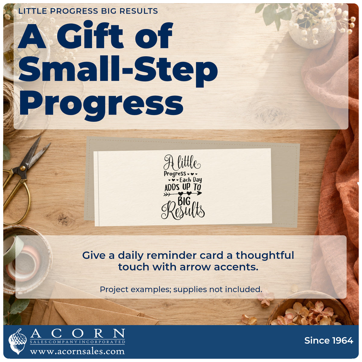 A finished handmade project stamped with the Little Progress Big Results PSI Pre-Inked Stamp, ideal for habit album page.