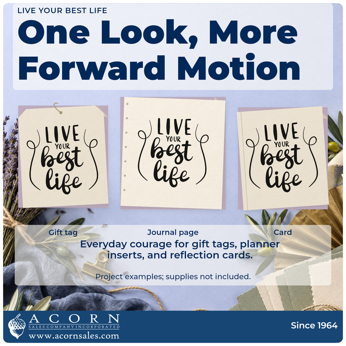 Three project examples made with the Live Your Best Life Slim Pre-Inked Stamp, including bucket list sheet.