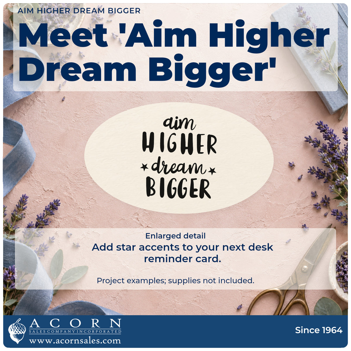 Enlarged detail of the Aim Higher Dream Bigger With Stars Hand Stamp – Duo imprint. The phrase "aim higher dream bigger" alternates script and bold capitals with two stars.
