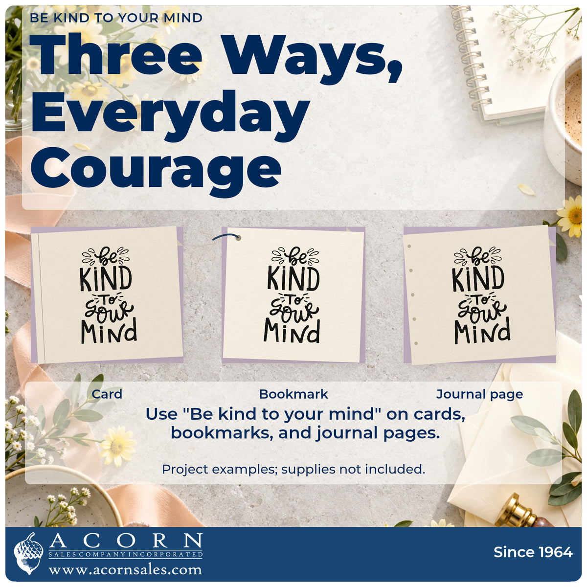 Three project examples made with the Be Kind To Your Mind Lettering Craft Stamp – Self-Inking, including sit practice sheet.