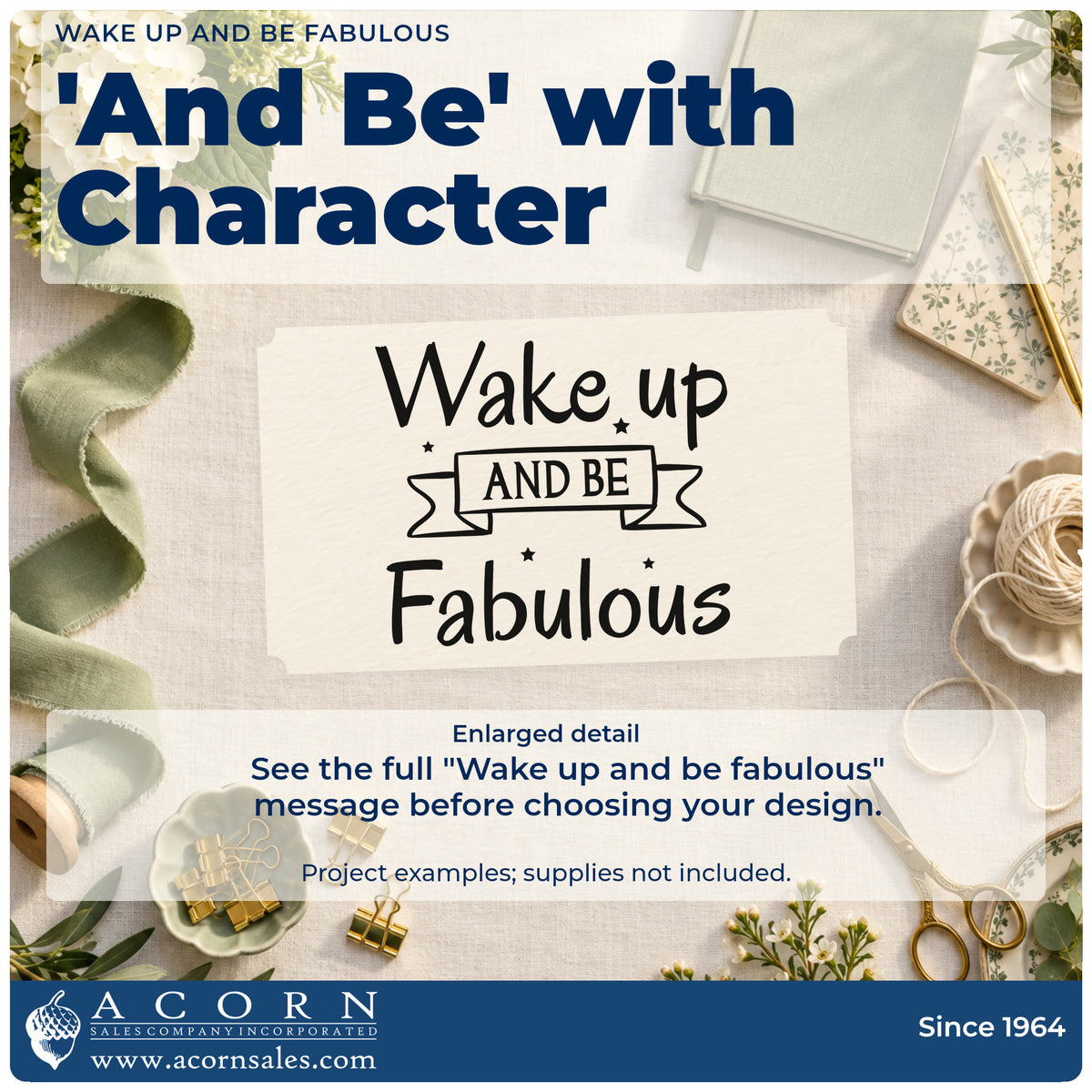 Enlarged detail of the Premium Wooden Wake Up And Be Fabulous With Stars Stamp – Vintage Pro imprint. The phrase "Wake up and be fabulous" includes a ribbon banner around "and be" and small stars.