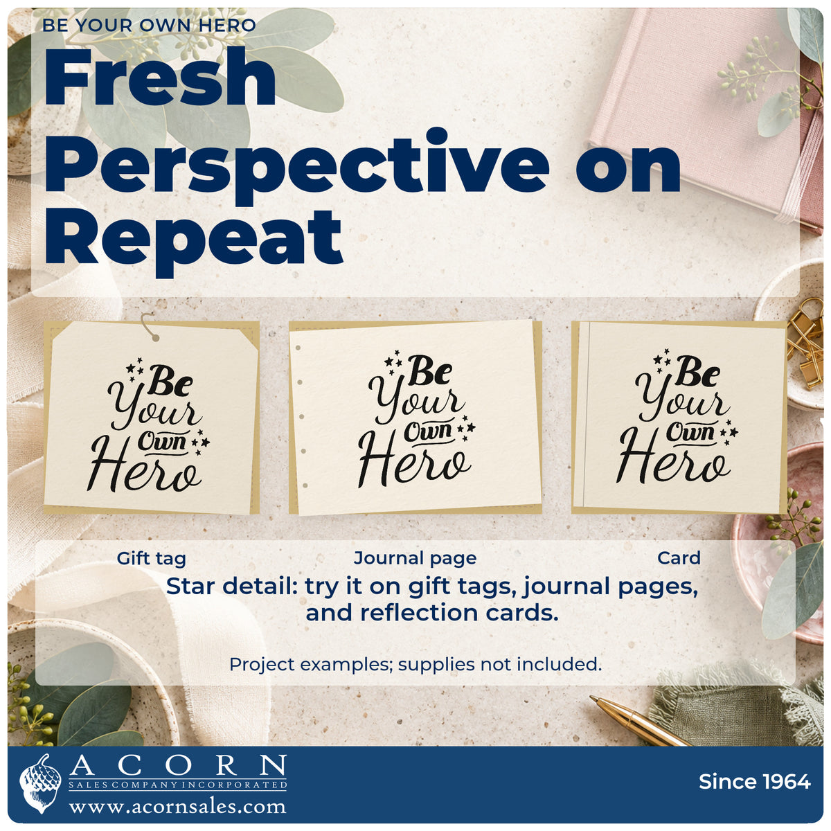 Three project examples made with the Be Your Own Hero With Stars Pre-Inked Stamp – Slim, including guest power sheet.