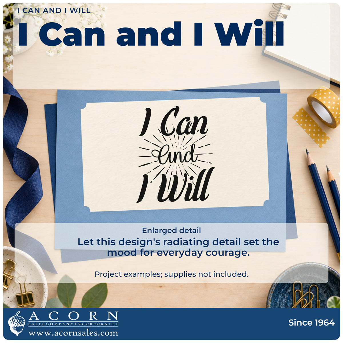 Enlarged detail of the I Can And I Will Lettering Stamp – Self-Inking imprint. The words "I can and I will" surround a burst of radiating lines.