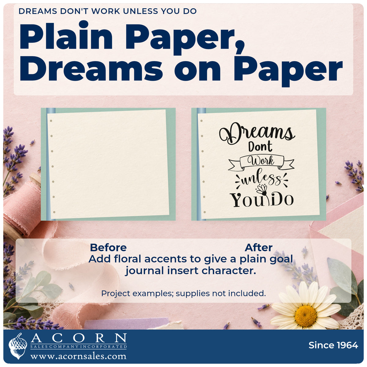 Before and after of a plain item finished with the Dreams Don't Work Unless You Do Slim Pre-Inked Stamp, a quick upgrade for framed front counter.