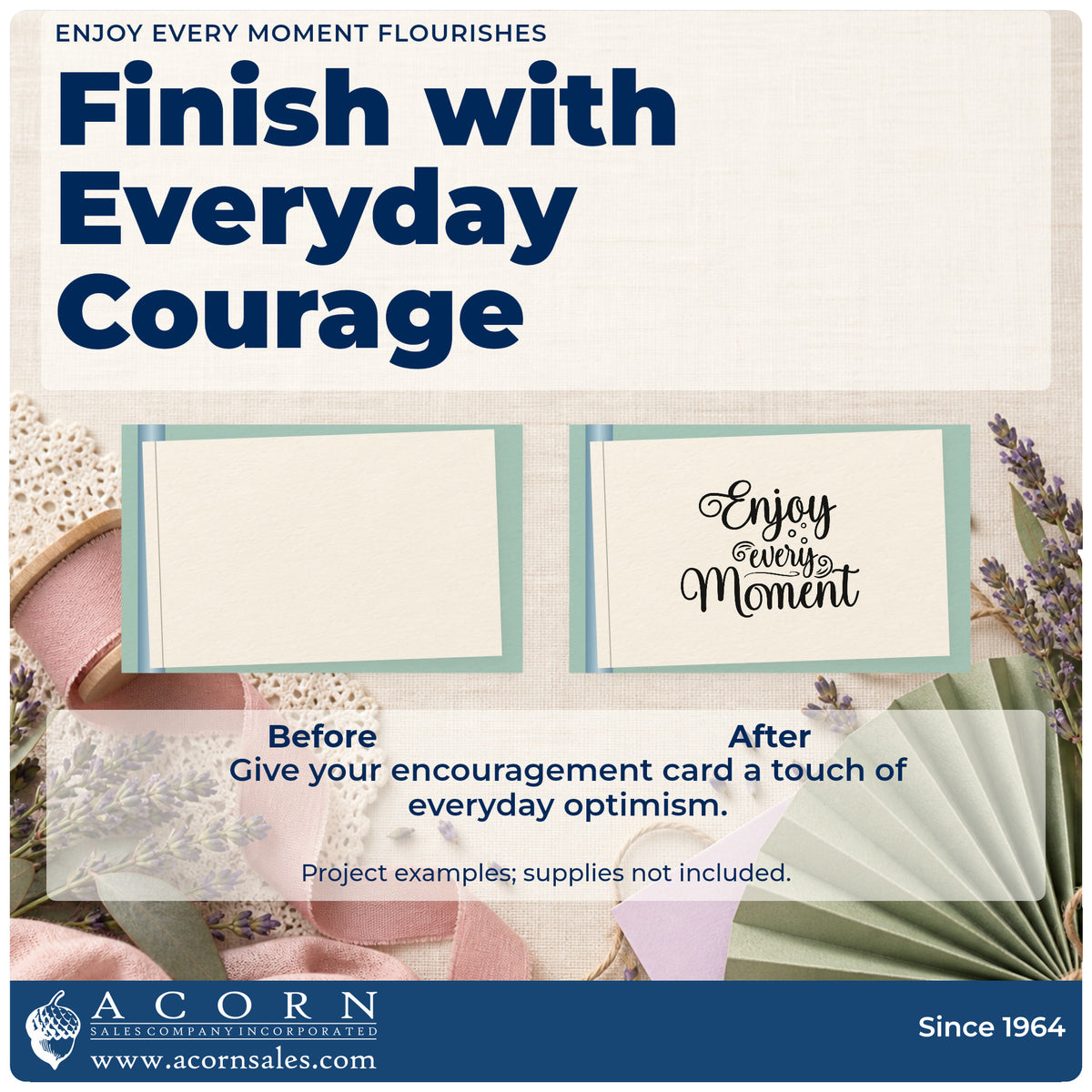 Before and after of a plain item finished with the Enjoy Every Moment Flourishes Rubber Stamp – Duo Hand, a quick upgrade for framed welcome easel.