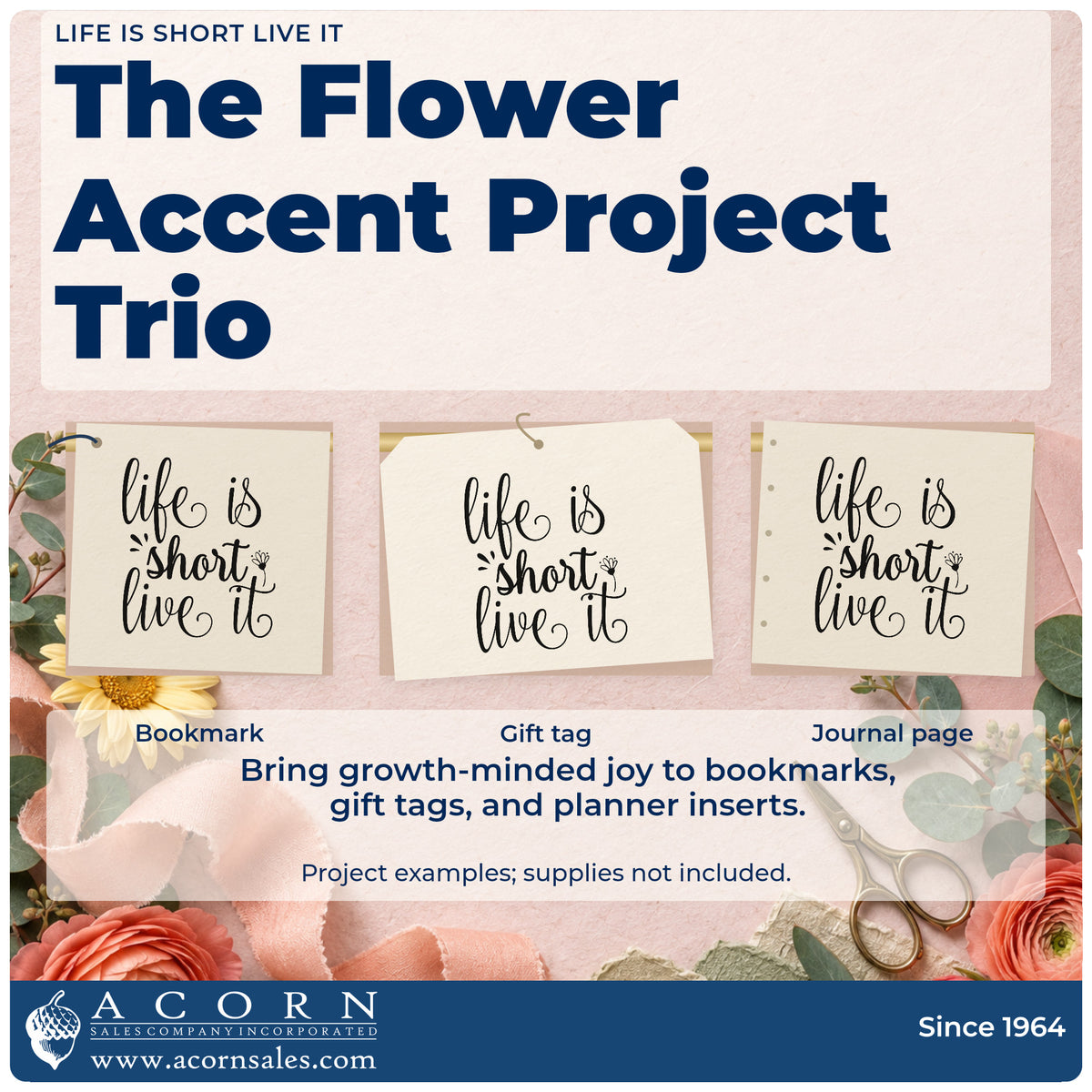 Three project examples made with the Life Is Short Live It Self-Inking Craft Stamp, including route leg sheet.