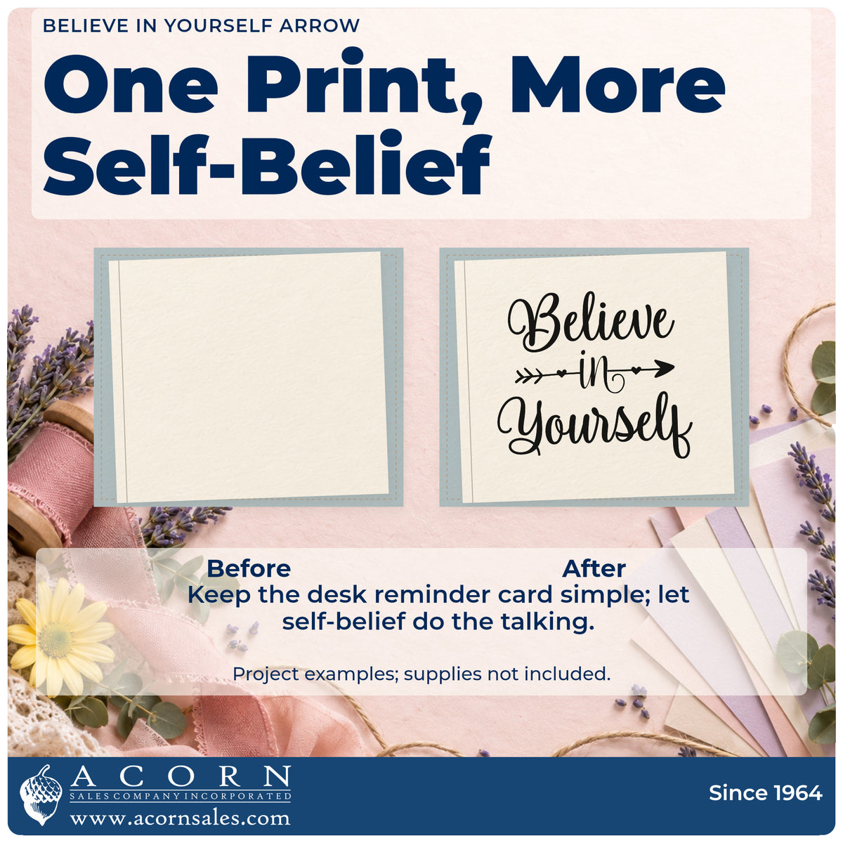 Before and after of a plain item finished with the Believe In Yourself Arrow Slim Pre-Inked Stamp, a quick upgrade for framed studio mirror.