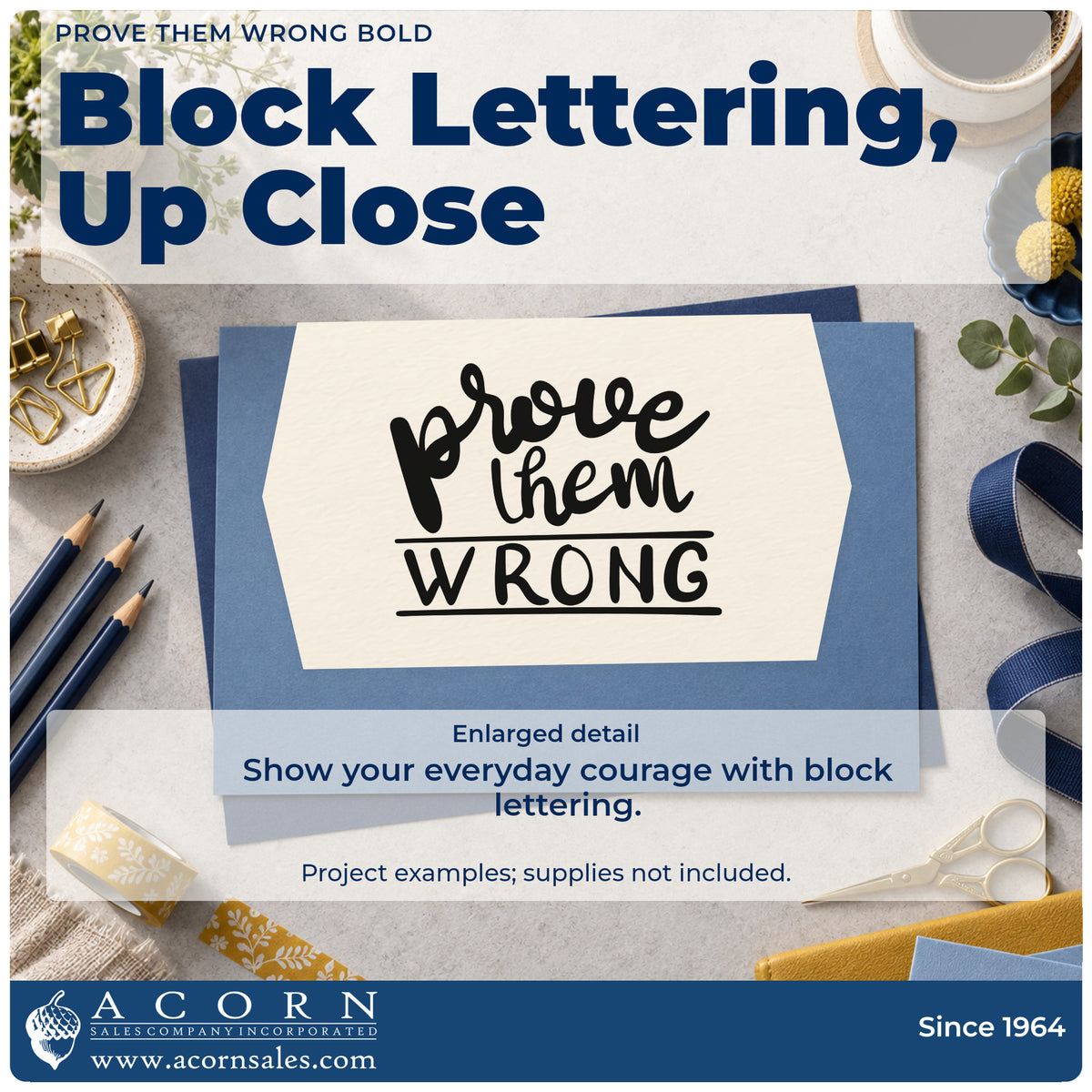 Enlarged detail of the Pre-Inked Prove Them Wrong Stamp – PSI imprint. The words "prove them wrong" combine bold brush script with underlined block capitals.