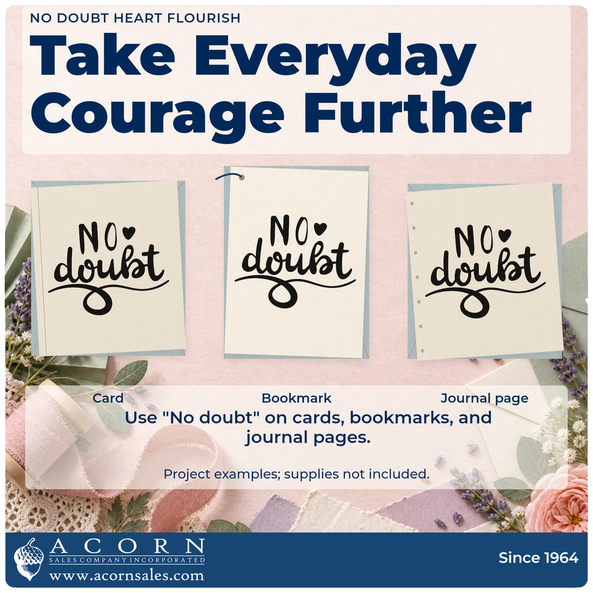 Three project examples made with the No Doubt Heart Flourish PSI Pre-Inked Stamp, including score round sheet.