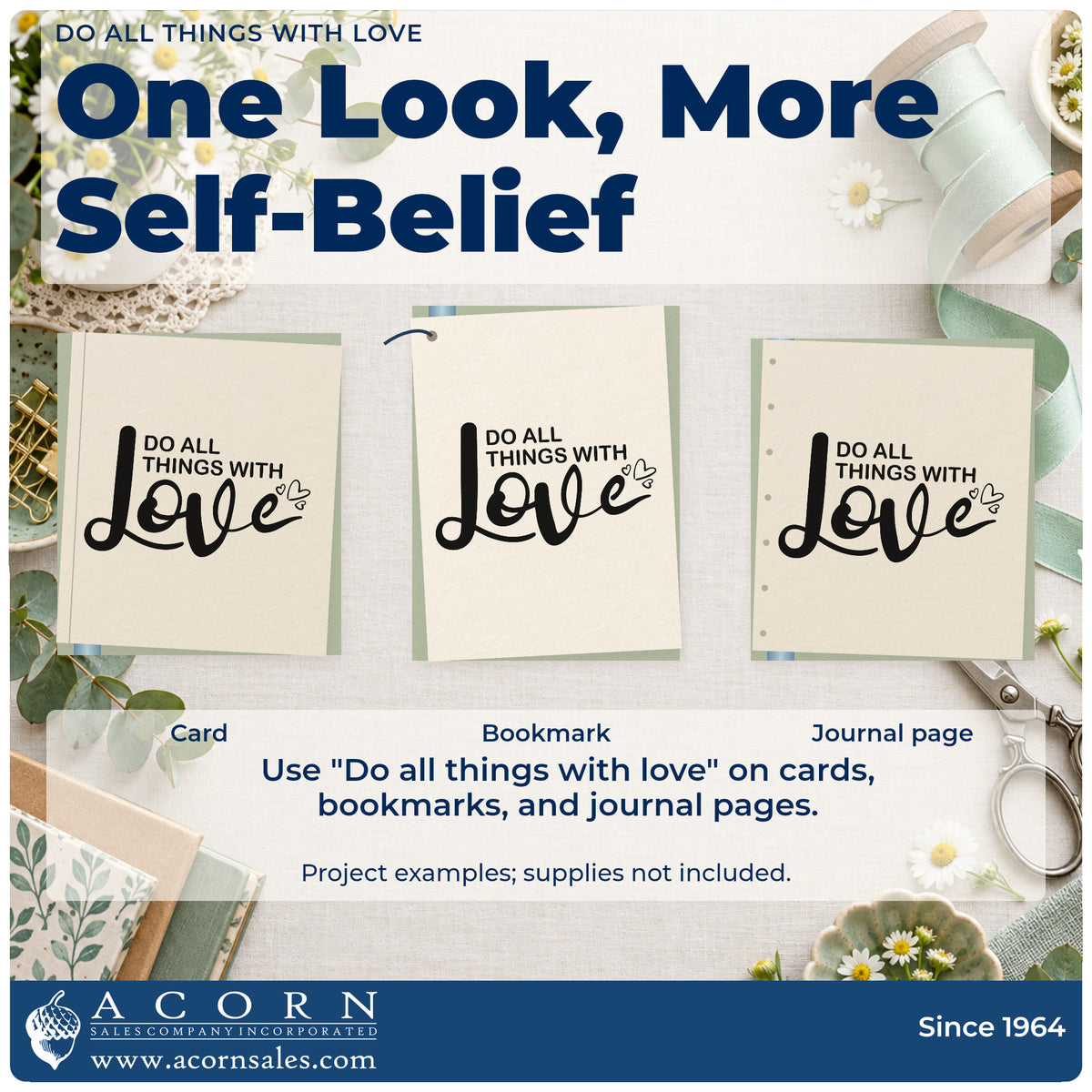 Three project examples made with the Do All Things With Love And Heart Accents Duo Hand Stamp, including block plan sheet.