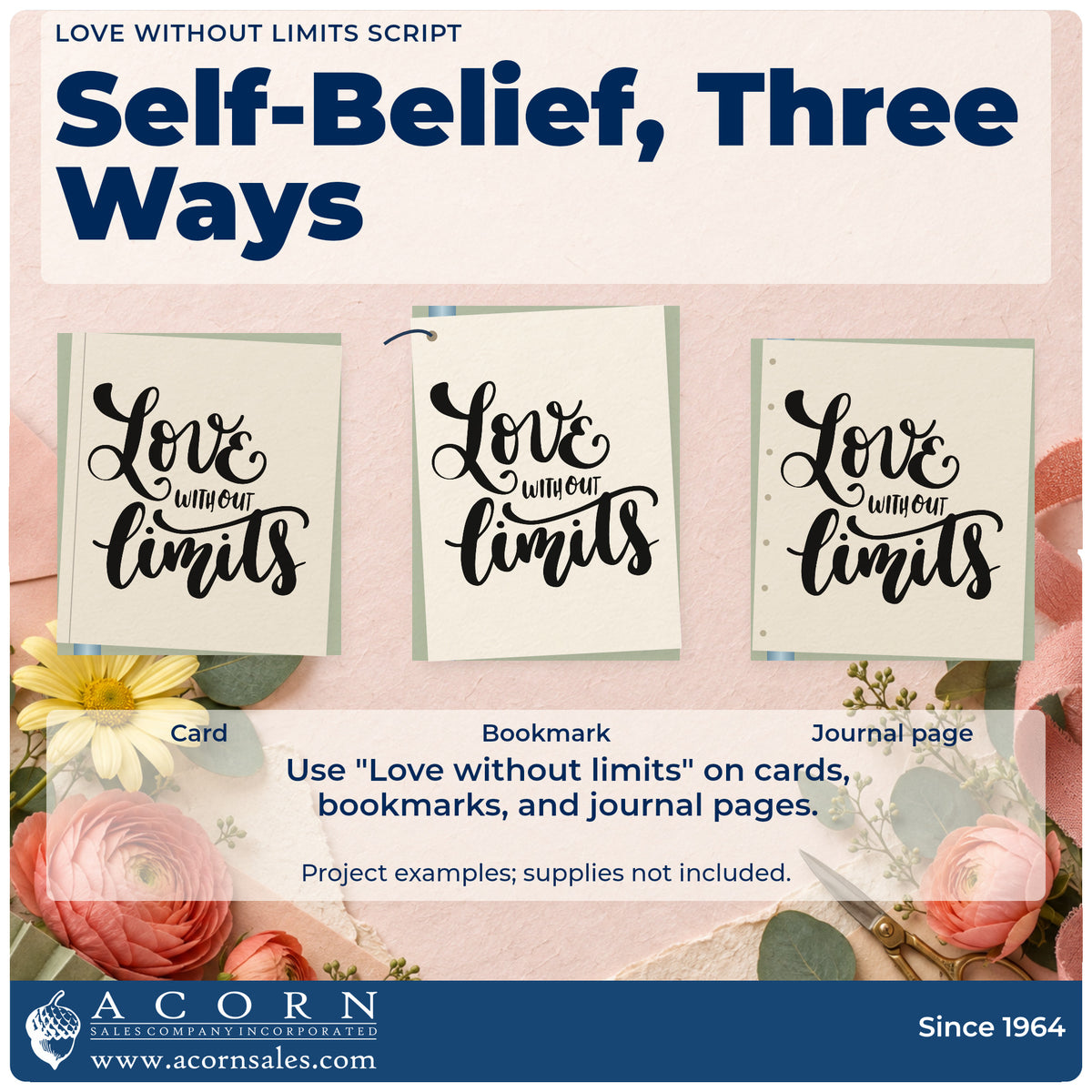 Three project examples made with the Love Without Limits Script Self-Inking Craft Stamp, including family plan sheet.