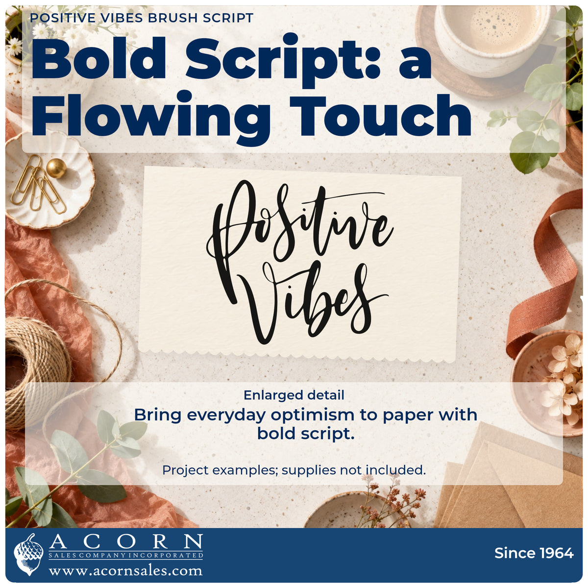 Enlarged detail of the Positive Vibes Brush Script Lettering Pre-Inked Stamp – Slim imprint. The words "Positive vibes" appear in large expressive brush script.