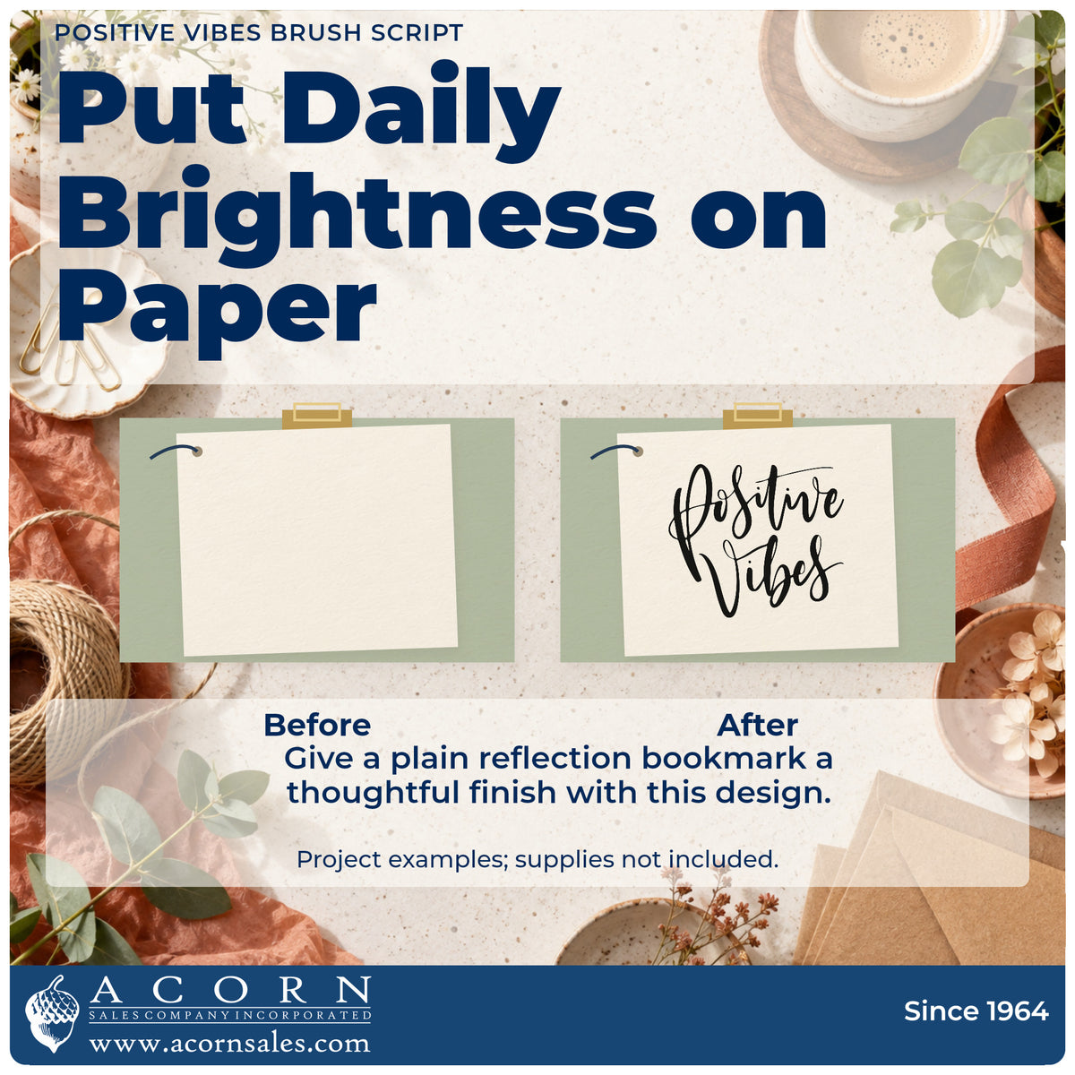 Before and after of a plain item finished with the Positive Vibes Brush Script Lettering Pre-Inked Stamp – Slim, a quick upgrade for framed shop counter.