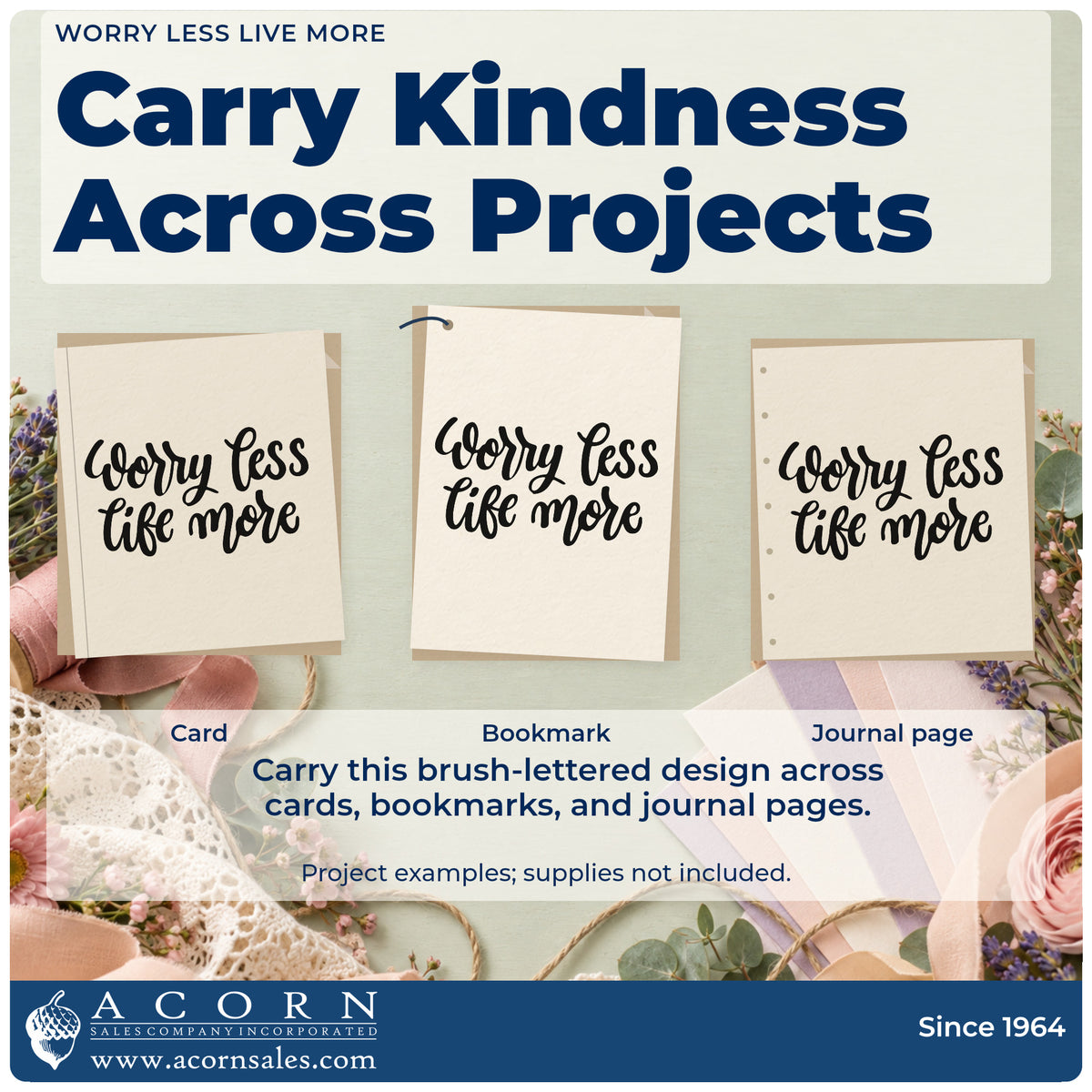 Three project examples made with the Worry Less Live More Slim Pre-Inked Stamp, including trip pack sheet.