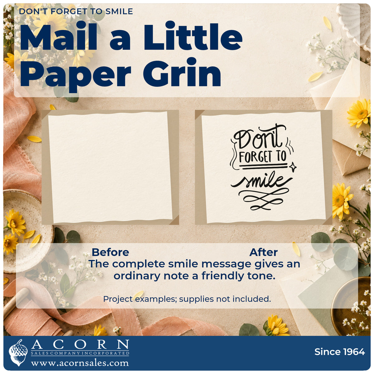 Before and after of a plain item finished with the Don't Forget To Smile With Sparkles Rubber Stamp – Wood Handle, a quick upgrade for framed waiting room.