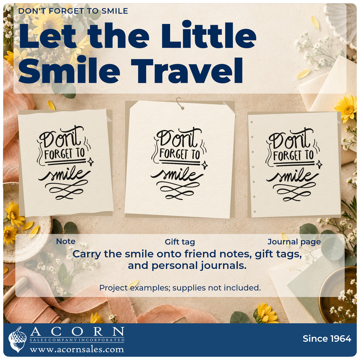 Three project examples made with the Don't Forget To Smile With Sparkles Rubber Stamp – Wood Handle, including recall due sheet.