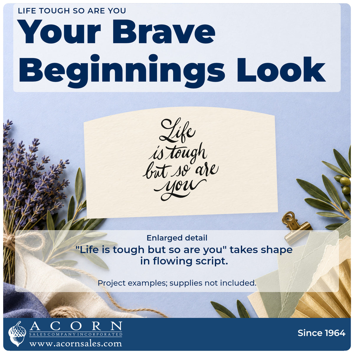 Enlarged detail of the Life Is Tough But So Are You Pre-Inked Stamp – PSI imprint. The phrase "Life is tough but so are you" appears in flowing script with extended letter strokes.