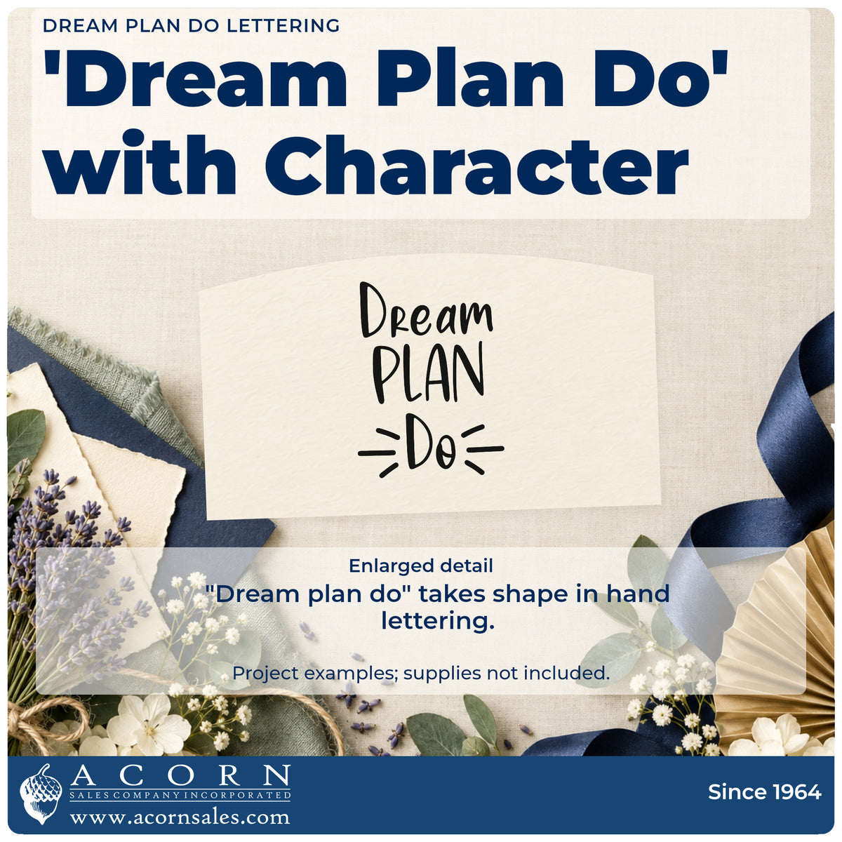 Enlarged detail of the Dream Plan Do Lettering Self-Inking Stamp imprint. The words "Dream plan do" stack in plain hand lettering with rays around "do."