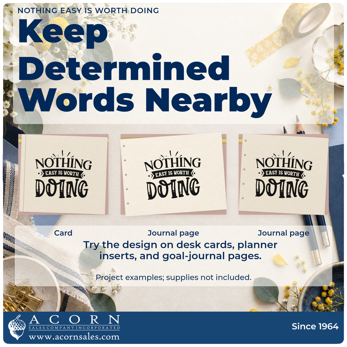 Three project examples made with the Nothing Easy Is Worth Doing Ribbon Lettering Self-Inking Stamp, including mileage plan sheet.