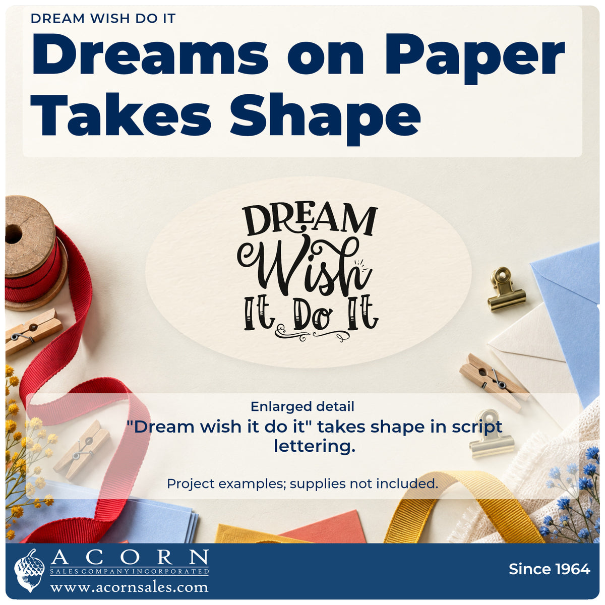 Enlarged detail of the Dream Wish Do It Pre-Inked Stamp – PSI imprint. The words "Dream wish it do it" appear in mixed script and decorative capitals with a curled underline.